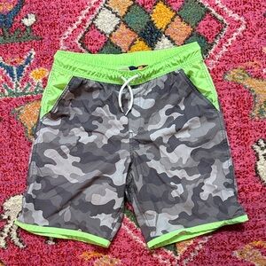 Lands' End kids XL Gray Camo Athletic Shorts with Neon Green Trim